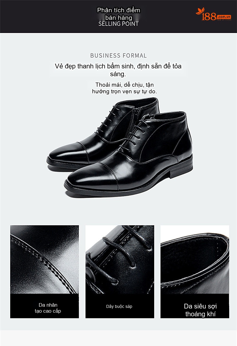 Giày Boot Martin Nam Cổ Thấp Da Bóng Chiều Cao Đế Khoảng 3cm Màu Đen chi tiết 2