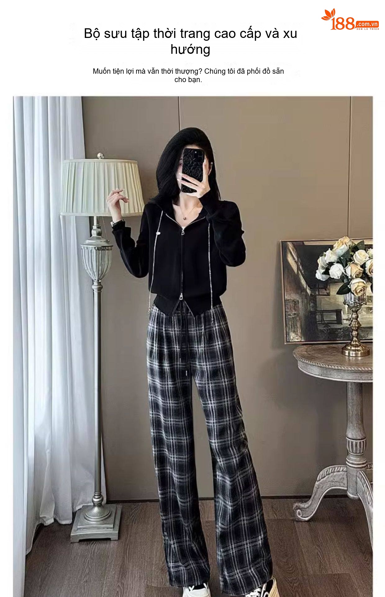Set Bộ Áo Khoác Lửng Nữ Quần Ống Rộng Caro Phong Cách Trẻ Trung Màu Đen, Xám chi tiết 1