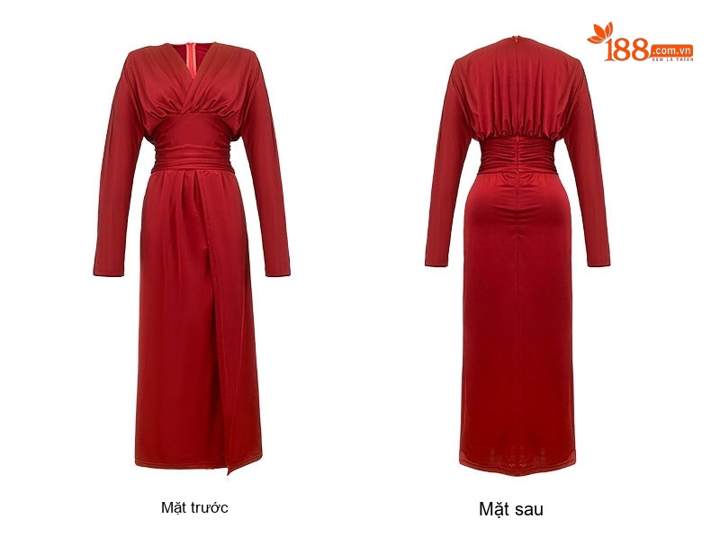 Váy Dài Tay Dài Cổ chữ V Chữ A Xẻ Tà Cao Eo Phong Cách Retro Quyến Rũ Màu Đỏ, Nâu, Xanh Lá chi tiết 9