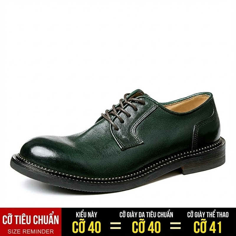 Giày Tây Buộc Dây Nam Da Bò Mũi Tròn Chiều Cao Đế Khoảng 3cm Màu Đen, Nâu, Xanh Lá
