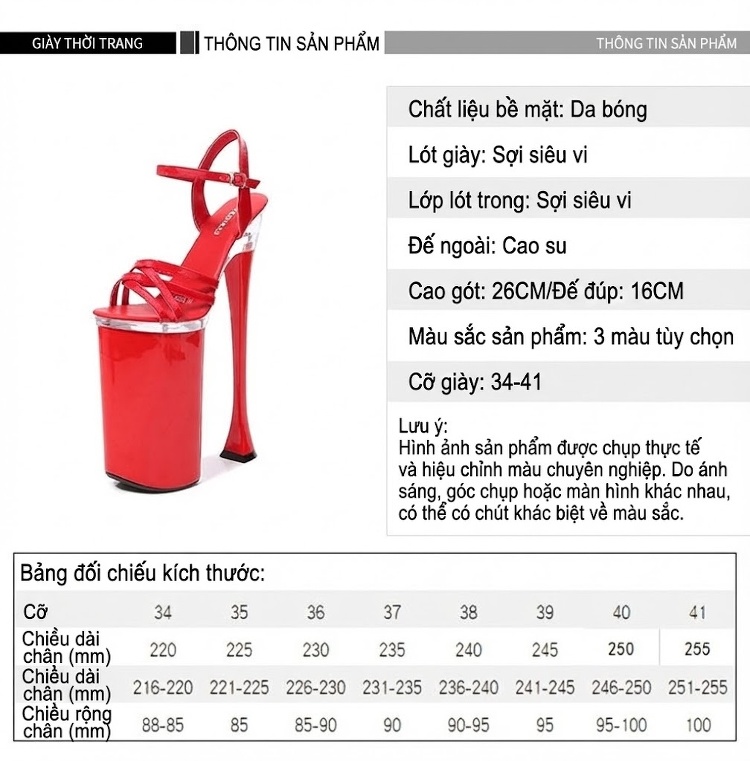 Giày Sandal Cao Gót Nữ Quai Mảnh Da Bóng Gót Cao 26cm Màu Đen, Đỏ, Trắng chi tiết 2