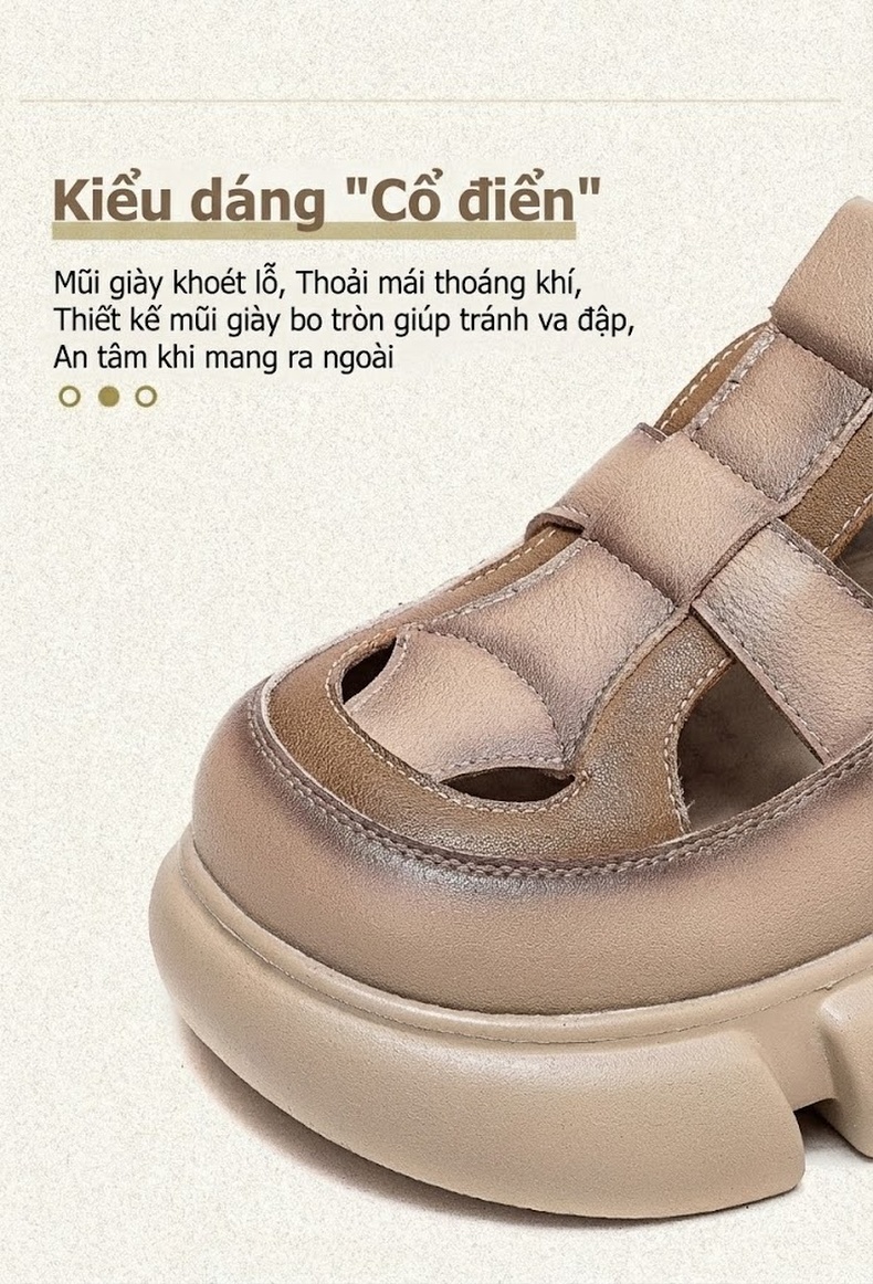 Dép Sandal Nữ Da Bò Quai Hậu Khóa Cài Đế Cao 4cm - 5cm Màu Be, Nâu, Xanh Lá chi tiết 5