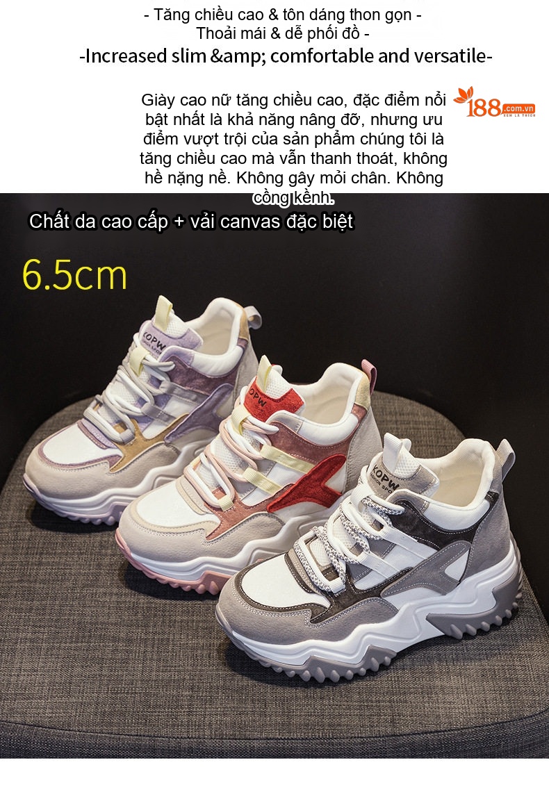 Giày Sneaker Nữ Da Mờ Đế Dày Phong Cách Ulzzang Chiều Cao Đế Khoảng 5cm Màu Trắng, Hồng, Tím, Xám... chi tiết 2
