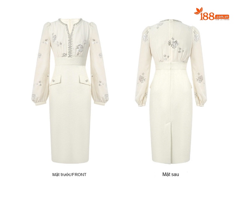 Đầm Ôm Body Nữ V-Neck Tay Dài Thiết Kế Giả Hai Mảnh Đính Đá Phong Cách Quý Cô Màu Kem chi tiết 5