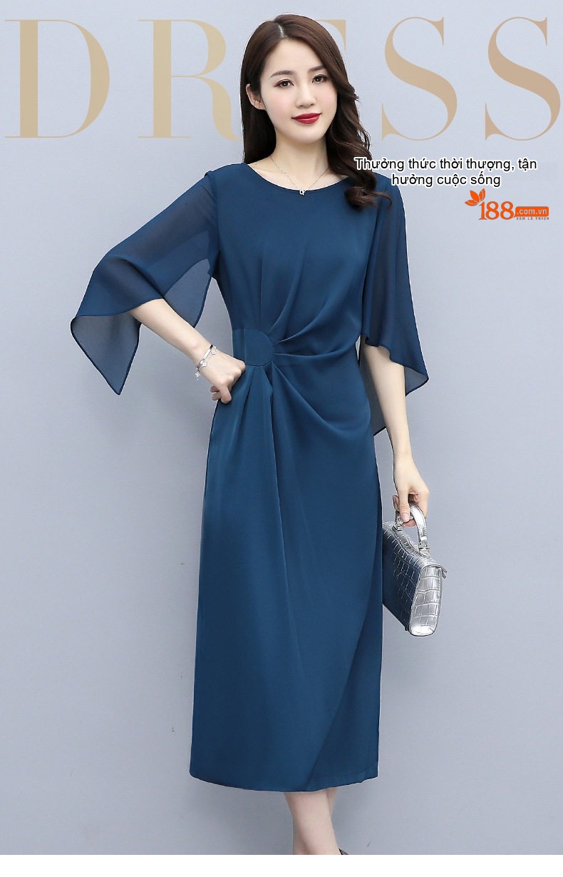 Váy liền thân Nữ Dáng Ôm Eo Phong Cách Pháp Thanh Lịch Màu Xanh, Nâu, Xanh Lá, Hồng... chi tiết 1