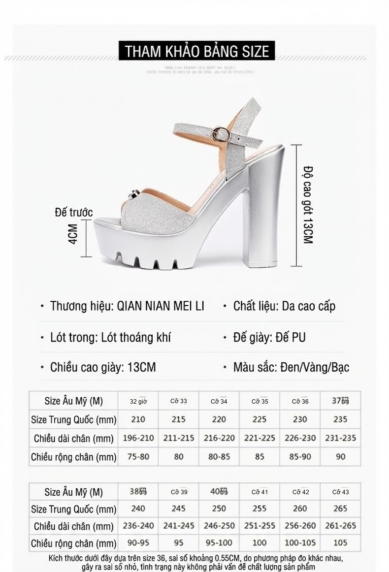 Giày Sandal Cao Gót Nữ Quai Ngang Hở Ngón Gót Cao 13cm Màu Bạc, Vàng, Đen chi tiết 3