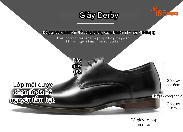 Giày Tây Buộc Dây Nam Da Bò Chiều Cao Đế Khoảng 3cm Màu Nâu, Đen chi tiết 2