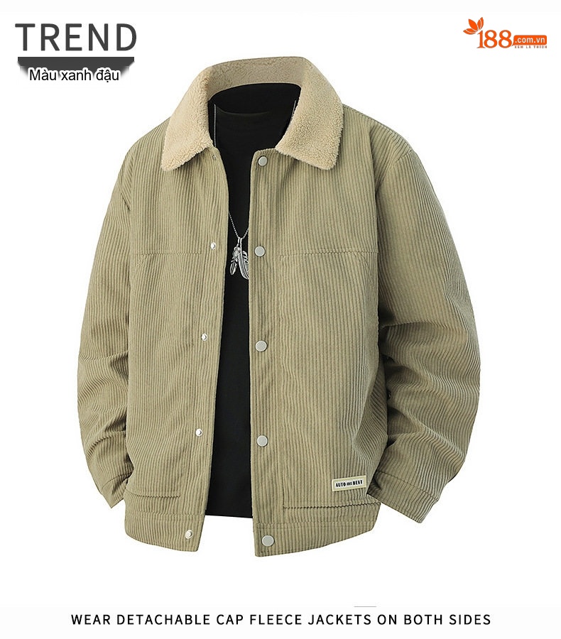 Áo Khoác Nam Cổ Bẻ Vải CORDUROY Dáng Bomber Màu Đen, Kem, Xanh Olive chi tiết 25