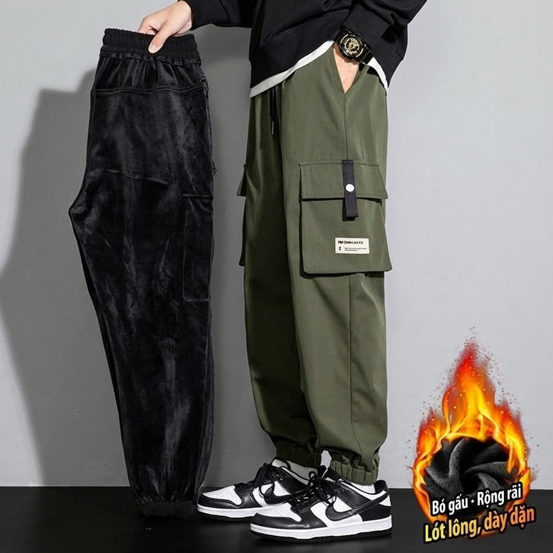 Quần Jogger Nam Ống Bo Chun Túi Hộp Lót Lông Dày Dặn Phong Cách Thể Thao
