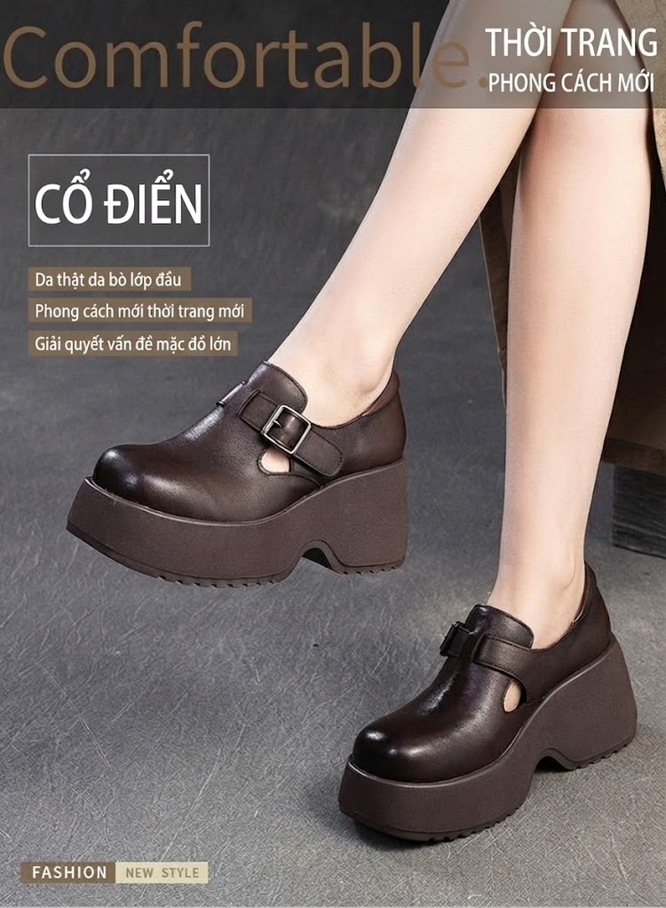 Giày Mary Jane Nữ Da Bò Đế Dày Chiều Cao Đế Khoảng 5cm Màu Đen, Nâu chi tiết 1