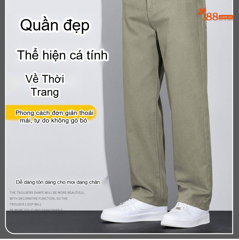 Quần Dài Nam Cotton Ống Rộng Thoải Mái Màu Xám, Nâu, Xanh Rêu chi tiết 2