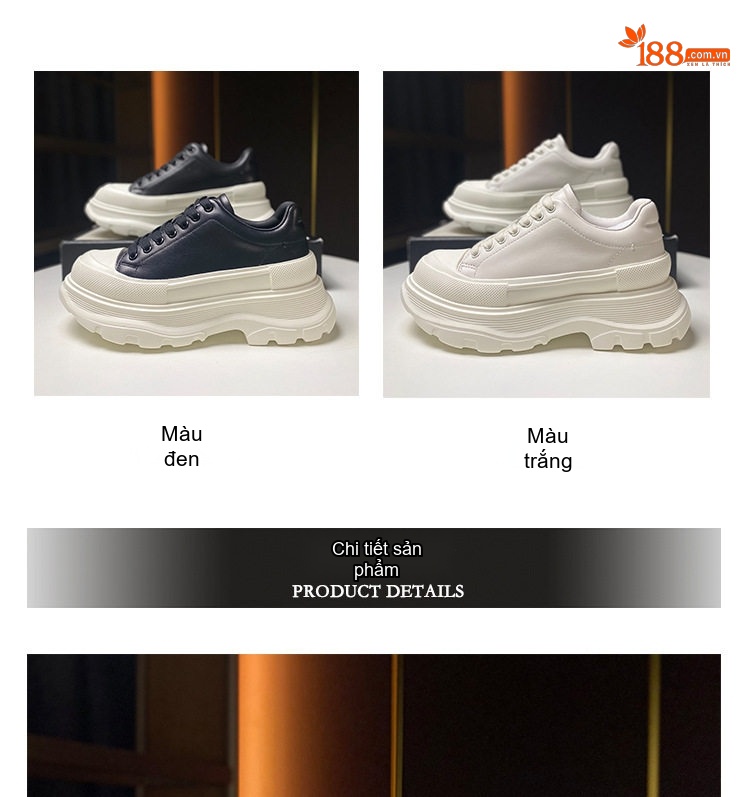 Giày Sneaker Nữ Da Bò Đế Bánh Mì Chiều Cao Đế 5.5cm Màu Đen, Trắng chi tiết 4