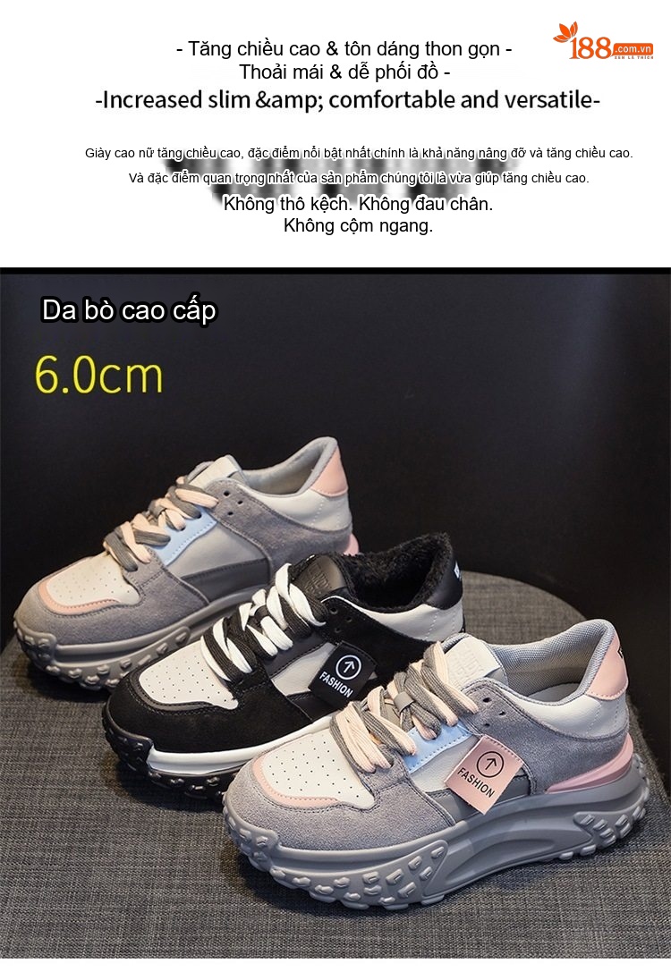 Giày Thể Thao Nữ Đế Dày Phong Cách Hàn Quốc Chiều Cao Đế Khoảng 5cm Màu Đen, Xám chi tiết 2