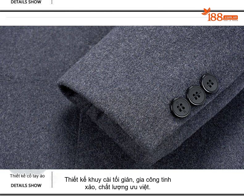 Áo Khoác Dạ Nam 100% Lông Cừu Cổ Trụ Dáng Ngắn Màu Xám Đậm, Xám Nhạt chi tiết 14