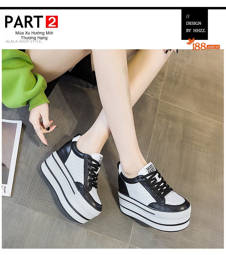 Giày Thể Thao Nữ Đế Cao 8cm Giày Bánh Mì Da Bò Buộc Dây Màu Trắng, Đen chi tiết 21