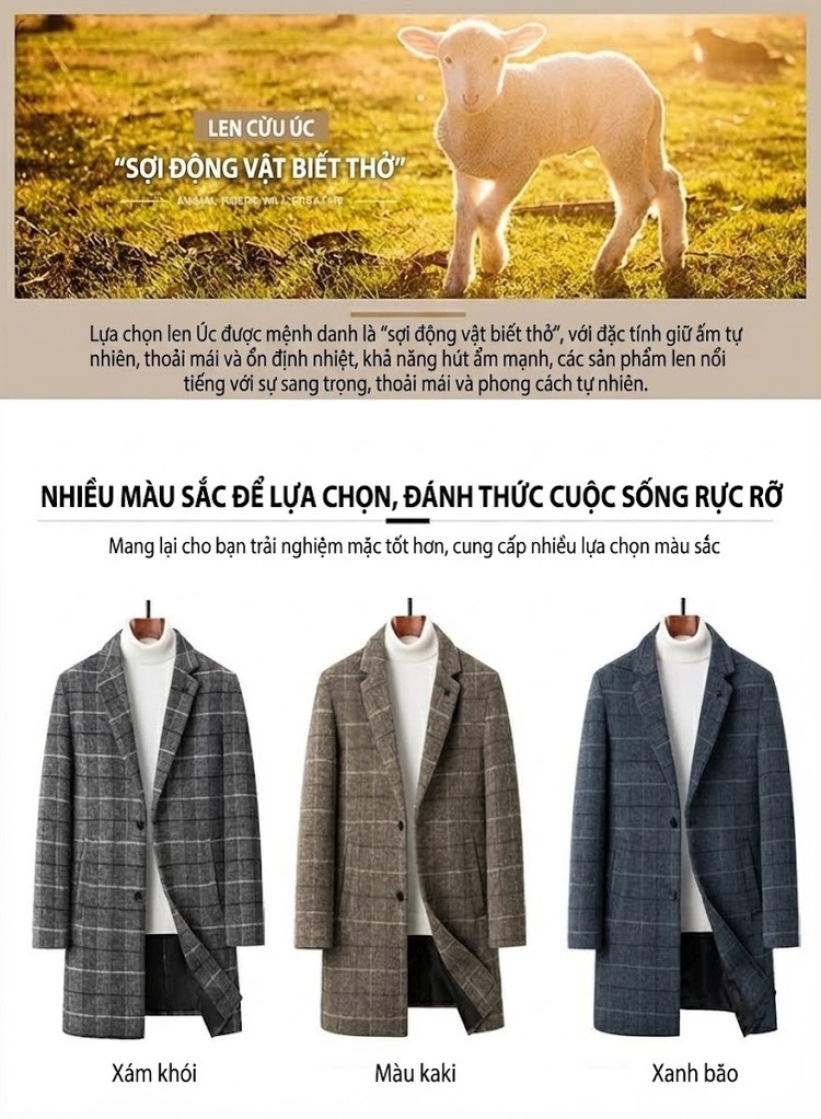 Áo Khoác Dạ Nam Dáng Dài Vừa Cổ chữ Vest Họa Tiết Kẻ Ô Màu Xám, Nâu chi tiết 4