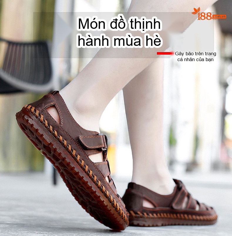 Dép Sandal Nam Da Thật Thủ Công Quai Dán Thoáng Khí Chiều Cao Đế Khoảng 2cm Màu Nâu, Đen chi tiết 5