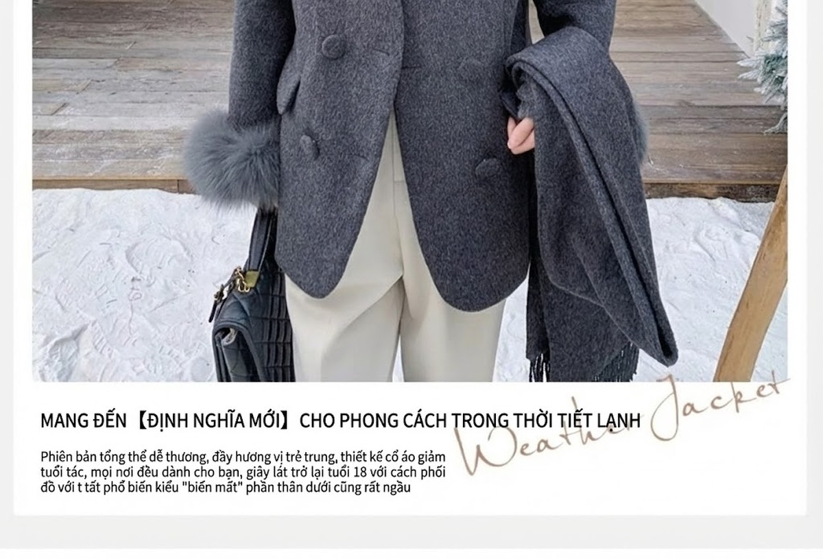 Áo Khoác Dạ Nữ Cổ Áo Choàng Lông Vũ Tay Bồng Phong Cách Thời Trang Màu Xám chi tiết 9