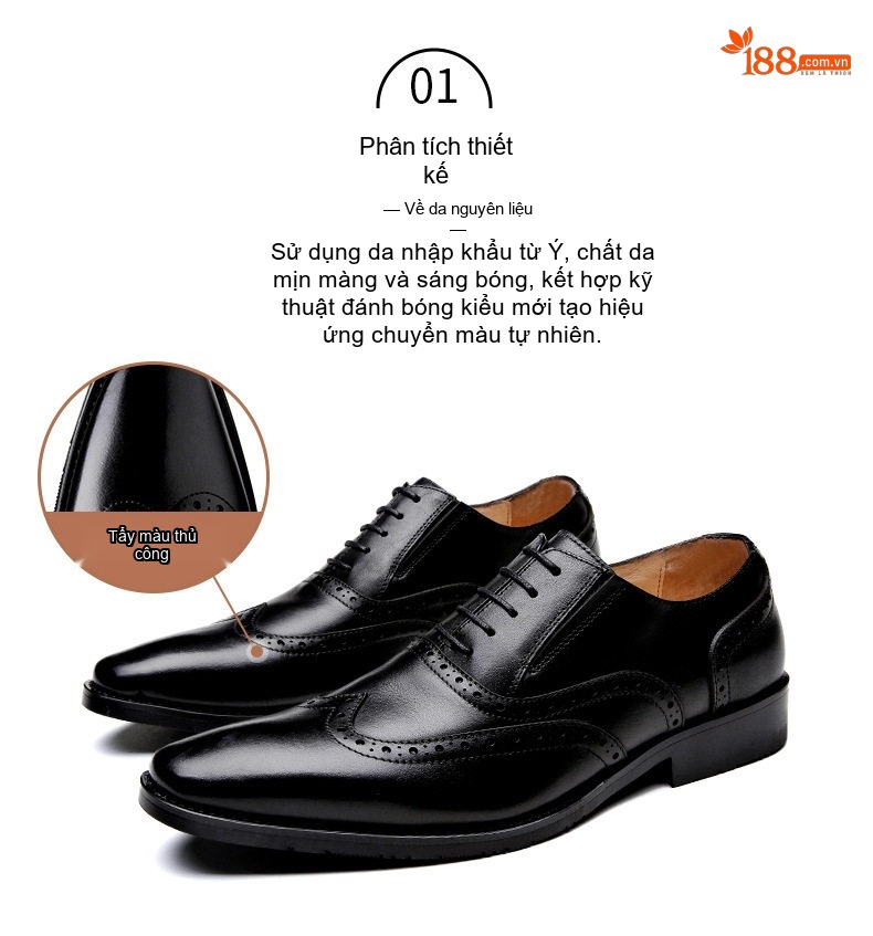 Giày Tây Buộc Dây Nam Da Bò Brogue Chiều Cao Đế Khoảng 3cm Màu Đen, Nâu chi tiết 3