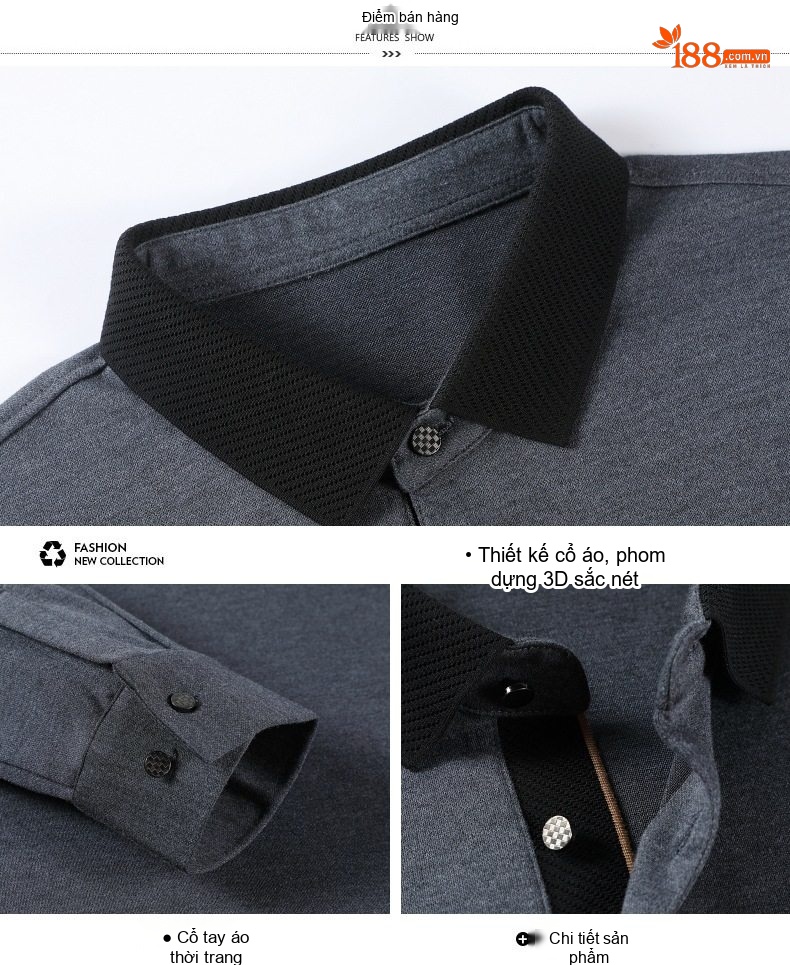 Áo Thun Polo Nam Tay Dài Cashmere Cổ Bẻ Phong Cách Doanh Nhân Màu Đen, Xám, Xanh Navy chi tiết 3