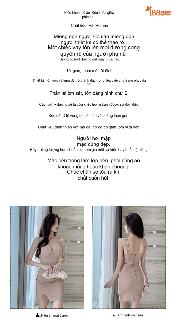 Váy Đầm Hai Dây Nữ Cổ chữ V Sâu Hở Lưng Xẻ Tà Ôm Body Gợi Cảm Màu Nâu, Đen, Trắng chi tiết 3