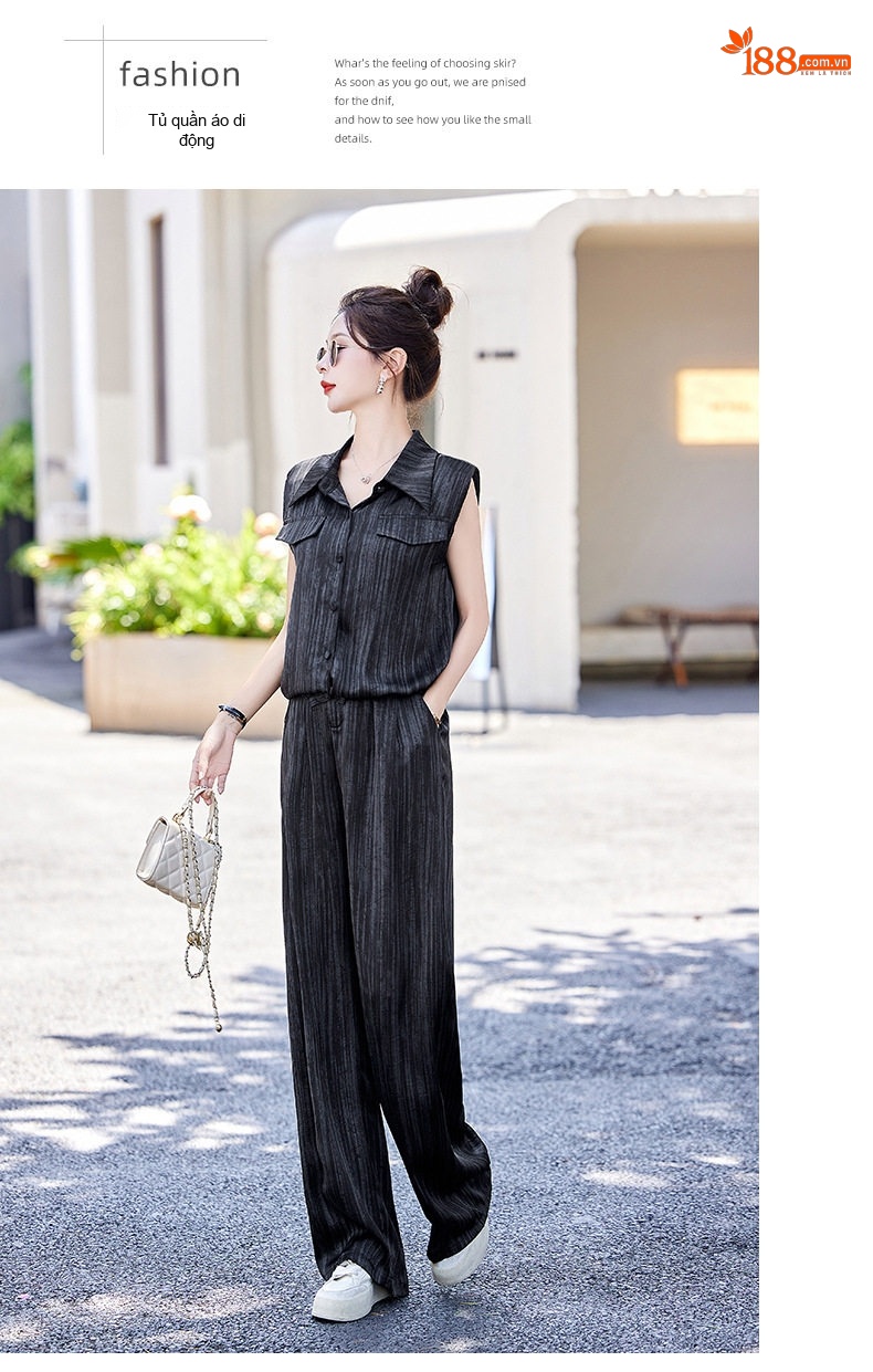 Bộ Quần Áo Nữ Áo Sơ Mi Không Tay Quần Ống Rộng Thoáng Mát Màu Đen chi tiết 19
