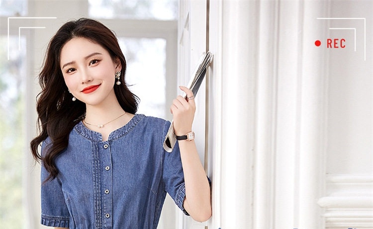 Váy Đầm Jean Nữ Tay Ngắn Dáng Chữ A Thắt Dây Eo Màu Xanh Jean chi tiết 1