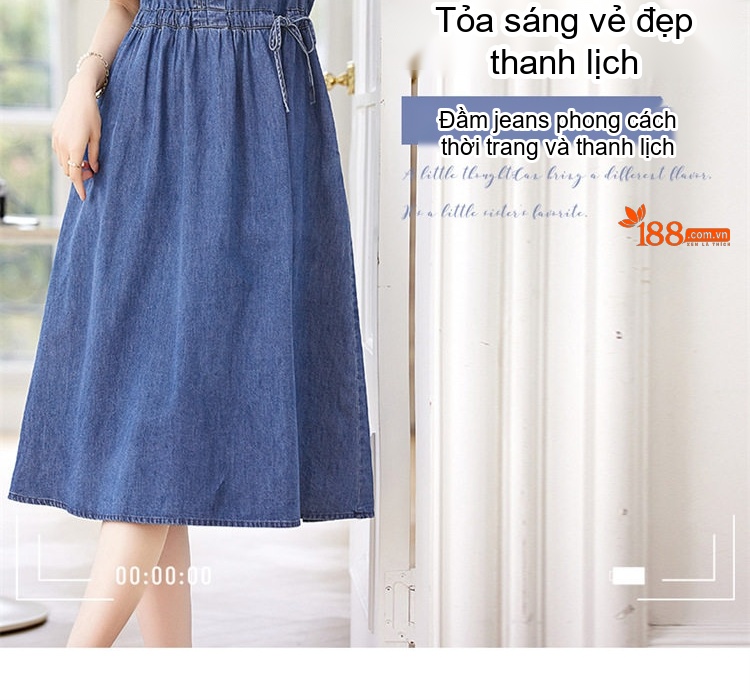Váy Đầm Jean Nữ Tay Ngắn Dáng Chữ A Thắt Dây Eo Màu Xanh Jean chi tiết 2