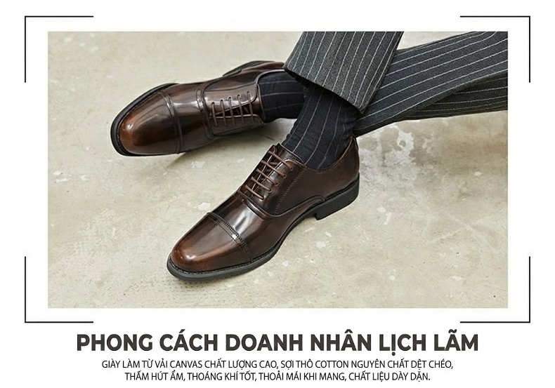 Giày Tây Buộc Dây Nam Da Bóng Chiều Cao Đế Khoảng 3cm Màu Đen, Nâu chi tiết 11