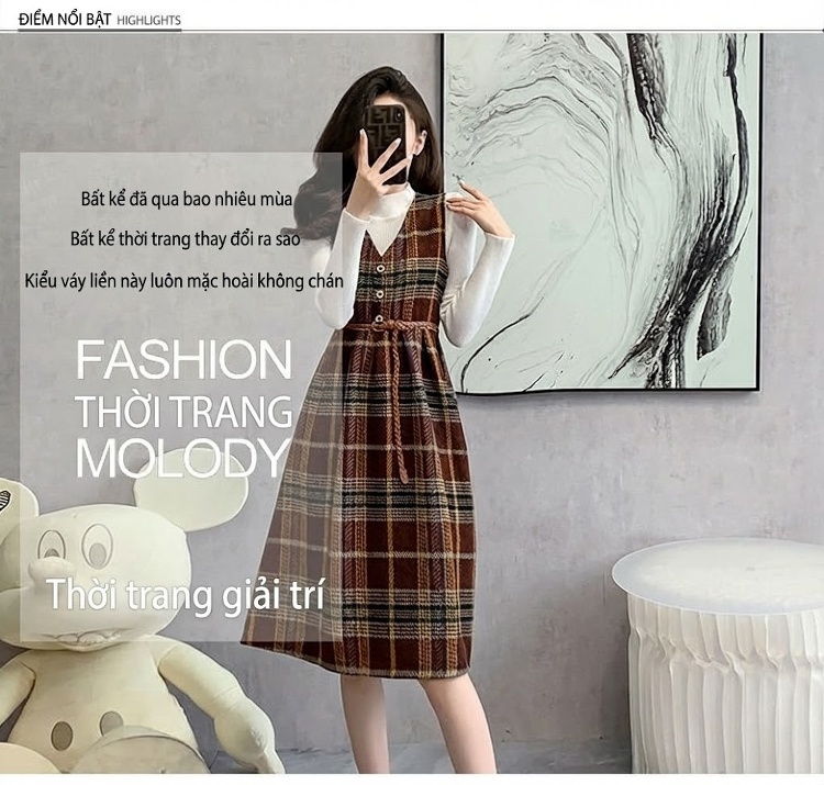 Set Áo Dệt Kim Tay Dài Cổ Lọ Và Váy Yếm Dây Đeo Caro dáng chữ A Màu Nâu, Xanh chi tiết 2