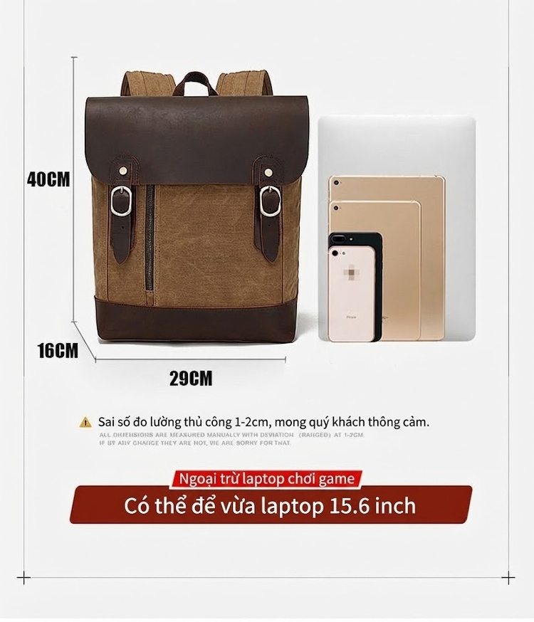 Balo Du Lịch Laptop Vải Canvas Dầu Sáp Chống Thấm Nước Cỡ Lớn Màu Nâu, Xám, Đen, Xanh... chi tiết 14