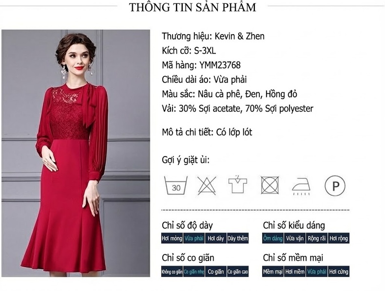 Váy Lệch Tà Nữ Lưng Cao Phối Ren Nổi Tay Dài Phong Cách Quý Phái Màu Đỏ chi tiết 17