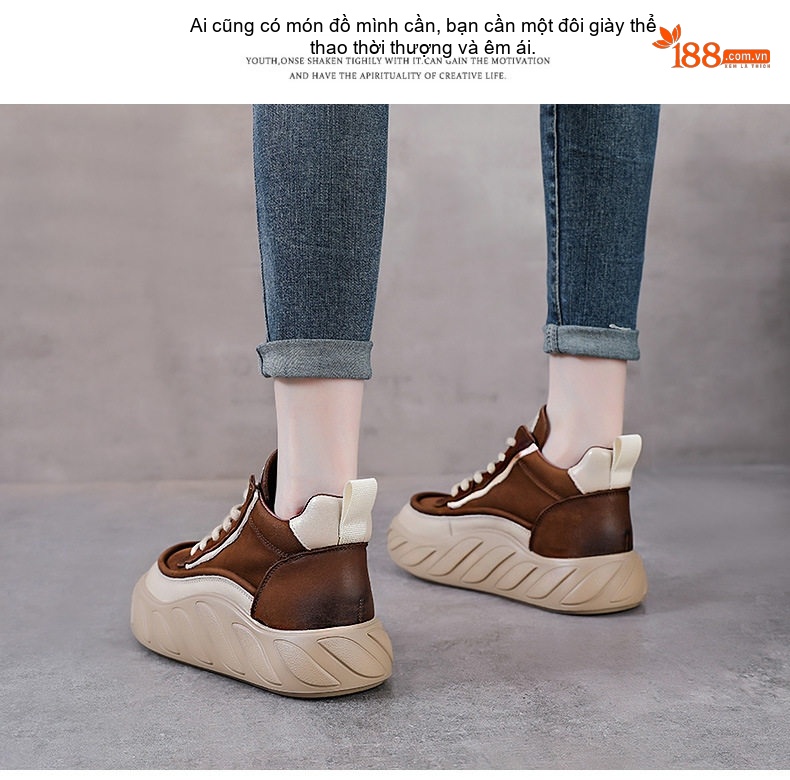 Giày Cao Cổ Nữ Da Bò Buộc Dây Chiều Cao Đế Khoảng 5cm Màu Nâu, Vàng chi tiết 16