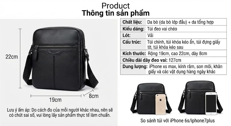 Túi Đeo Chéo Nữ Da Thật Mini Dáng Bucket Nhỏ Gọn Đựng Điện Thoại Màu Đen chi tiết 19
