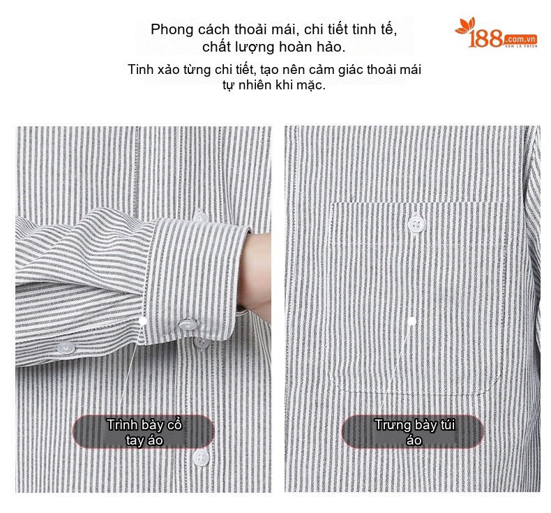 Áo Sơ Mi Dài Tay Nam Cotton Dáng Rộng Phong Cách Công Sở Màu Xanh Nhạt, Xám chi tiết 8