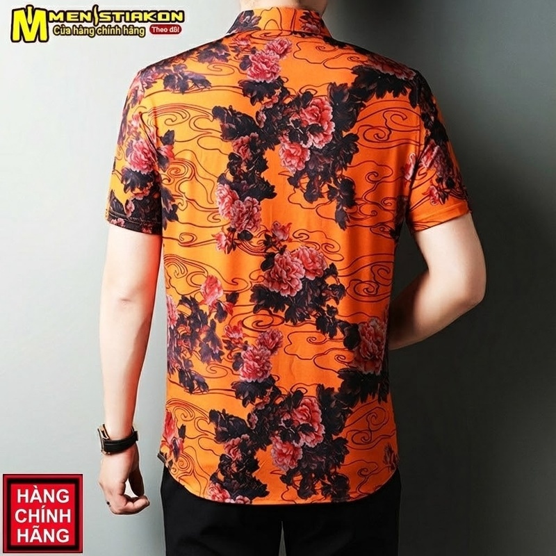 Áo Sơ Mi Nam Ngắn Tay Họa Tiết Hoa Mỏng Mát Màu Cam