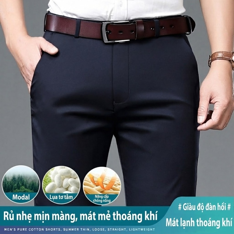 Quần Tây Nam Lụa Tằm Mỏng Mát Dáng Suông Rộng Cạp Cao Màu Đen