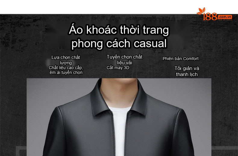Áo Khoác Da PU Nam Trung Niên Cổ Bẻ Khóa Kéo Màu Đen, Xám chi tiết 1