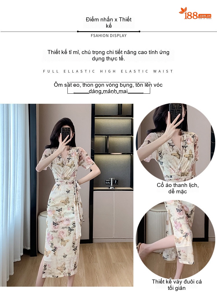 Váy Liền In Họa Tiết Pháp Cổ Điển Cổ Chữ V Thắt Eo Dáng Ôm Màu Đen, Tím, Trắng chi tiết 2