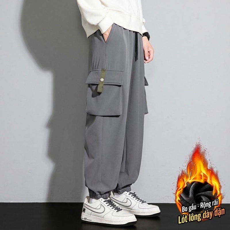 Quần Jogger Nam Ống Bo Chun Túi Hộp Lót Lông Dày Dặn Phong Cách Thể Thao