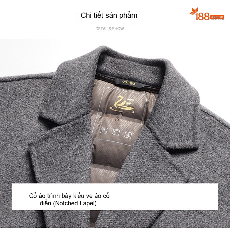 Áo Khoác Dạ Nam Dáng Dài Lót Lông Vũ Tháo Rời Cổ chữ Vest Phong Cách Doanh Nhân Màu Đen, Xám chi tiết 18