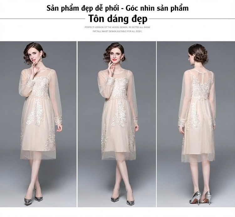 Váy Đầm Dự Tiệc dáng chữ A Ren Thêu Tay Phong Cách Cổ Điển Màu Trắng chi tiết 10