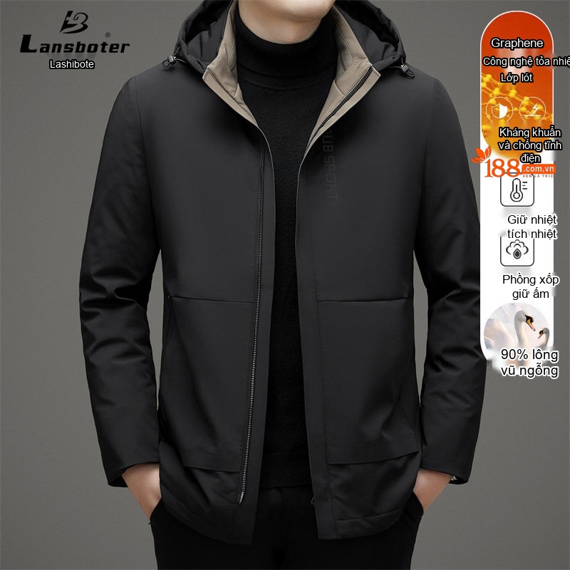 Áo Khoác Phao Nam Milk Silk 90% Lông Ngỗng Xám Mỏng Nhẹ Có Mũ Màu Xanh Navy