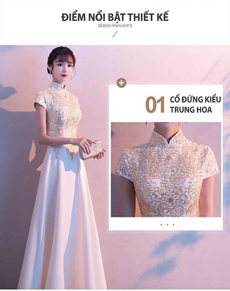 Váy Dạ Hội Dáng Dài Cổ Tàu Thêu Họa Tiết Dự Tiệc Biểu Diễn Phong Cách Trung Hoa Màu Trắng, Đen, Đỏ, Xanh Navy... chi tiết 3