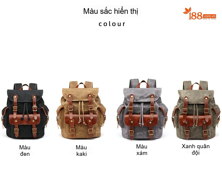 Balo Đôi Nam Vải Canvas Đi Phượt Du Lịch Leo Núi Đựng Laptop Phối Da Thật Màu Xanh Rêu, Nâu, Xám, Đen... chi tiết 4