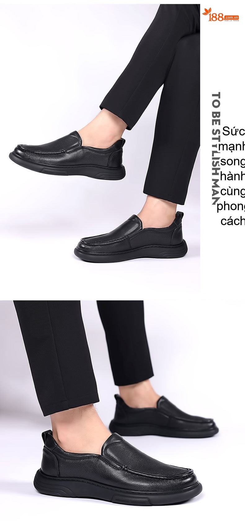 Giày Lười Nam Da Bò Đầu Tròn Chống Trượt Chiều Cao Đế Khoảng 3cm Màu Đen chi tiết 15