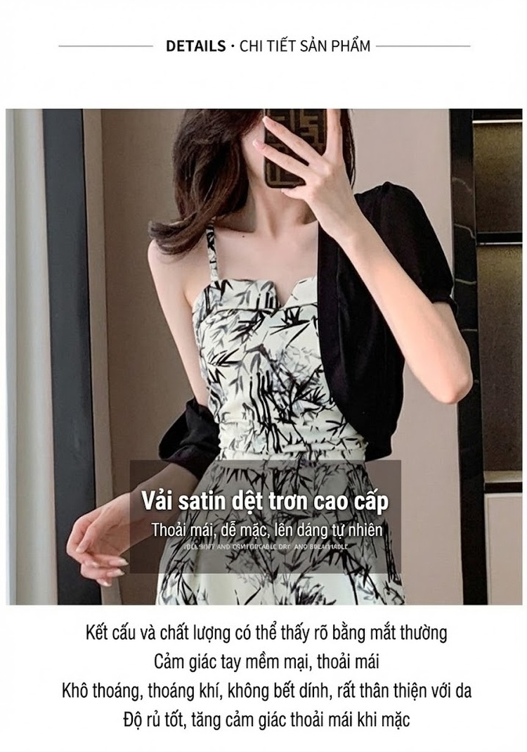 Jumpsuit Nữ Dây Đeo In Họa Tiết Phong Cách Tiểu Thư Quần Ống Rộng Màu Trắng, Đen chi tiết 2