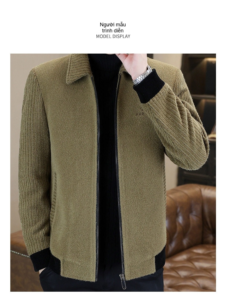 Áo Khoác Nam Dệt Kim Nhung Sherpa Dày Dặn Cổ Bẻ Màu Đen, Xanh Olive chi tiết 9