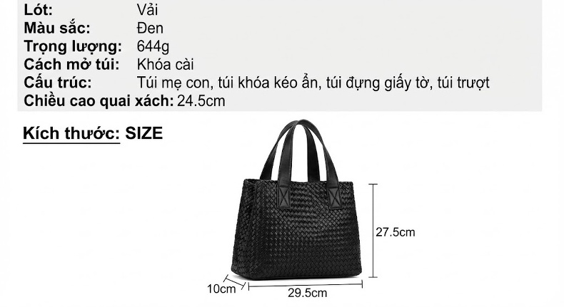 Túi Tote Nữ Thiết Kế Độc Đáo Da Bò Cao Cấp Phong Cách Thời Trang Công Sở Màu Đen chi tiết 2