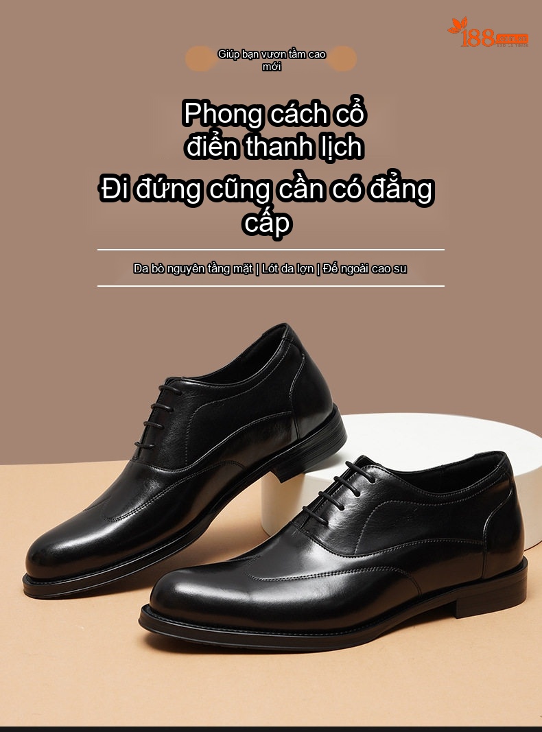 Giày Tây Buộc Dây Nam Da Thật Tăng Chiều Cao 5.3cm Màu Đen chi tiết 1